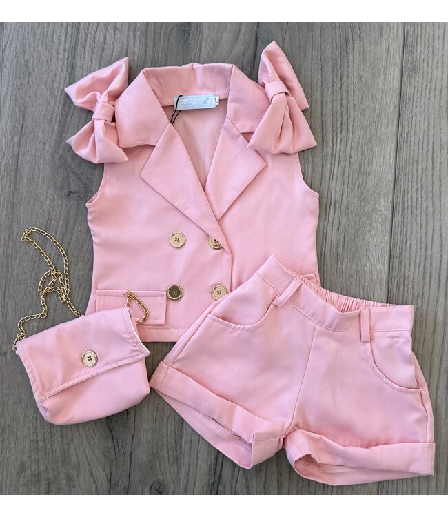 Bow Gilet & Short set (Met tasje) - Roze
