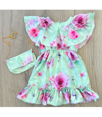 Butterfly & Roses dress (Met tasje) - Mint