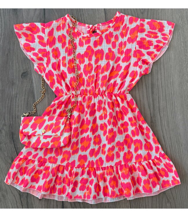 Mousseline jurk (Met Tasje) - Leopard Roze/Oranje