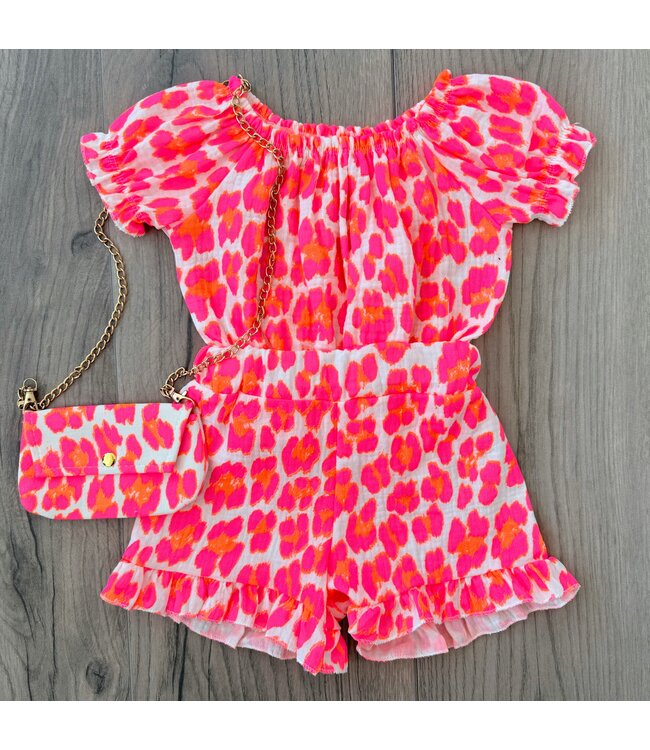 Mousseline 2-delige set (Met Tasje) - Leopard Roze/Oranje