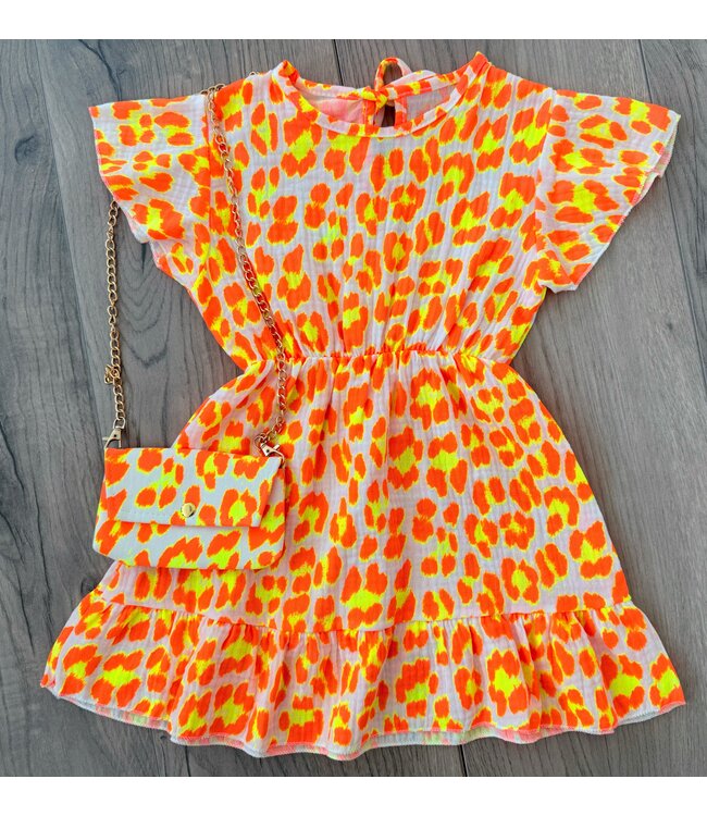 Mousseline jurk (Met Tasje) - Leopard Oranje/Geel