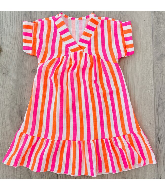 Gestreepte lange jurk - Roze/Oranje