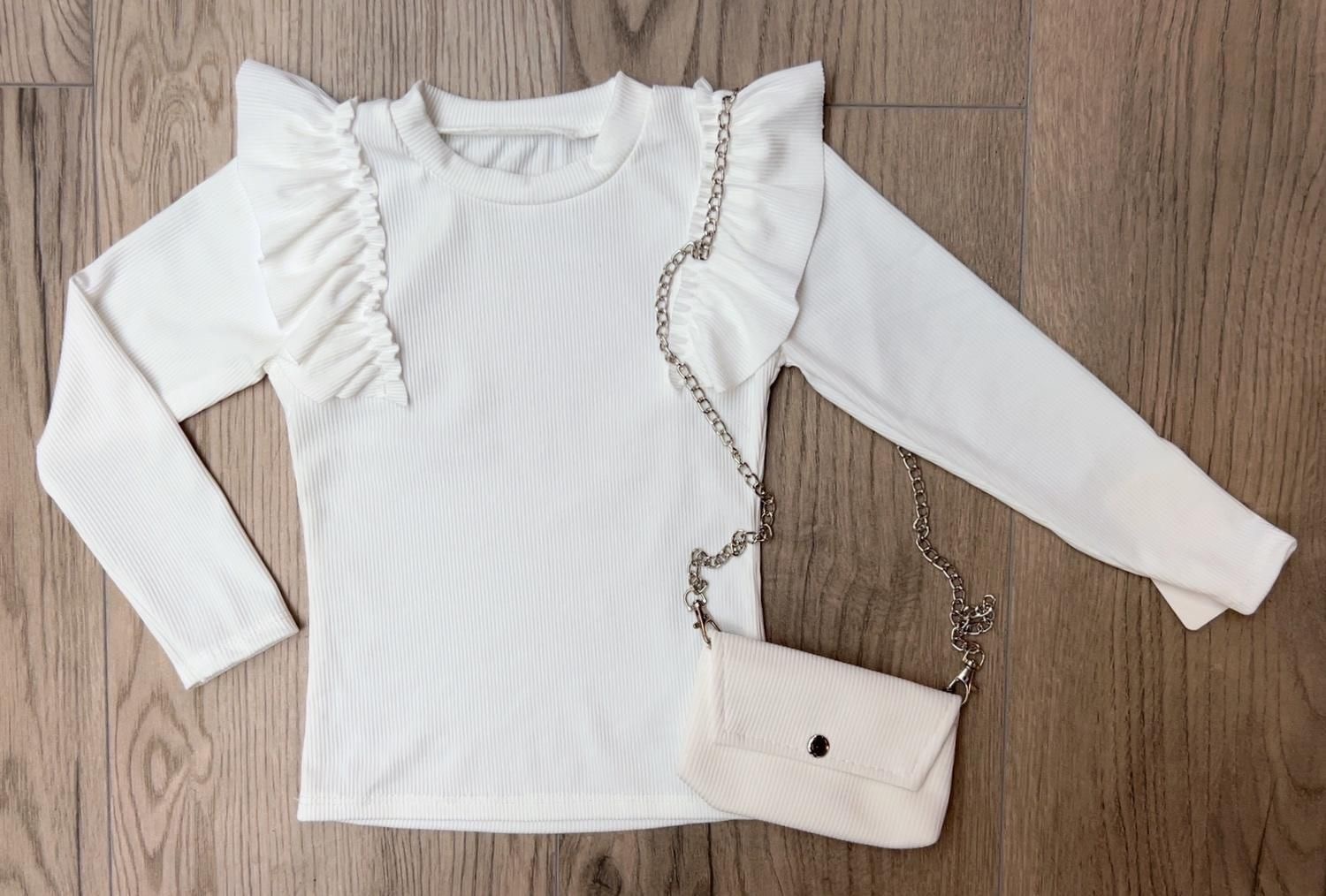 Ruffle longsleeve met tasje - Wit