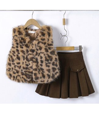 Leopard fluffy Gilet & Skirt Set - Camel
