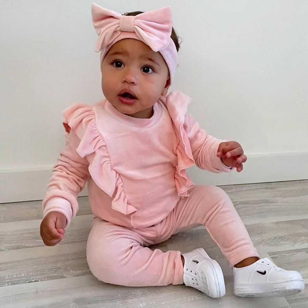 Velvet ruffle set met haarband - Roze