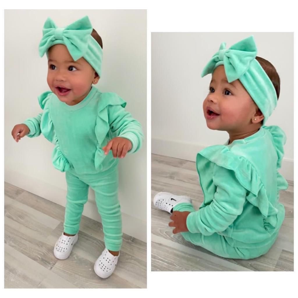 Velvet ruffle set met haarband - Mint