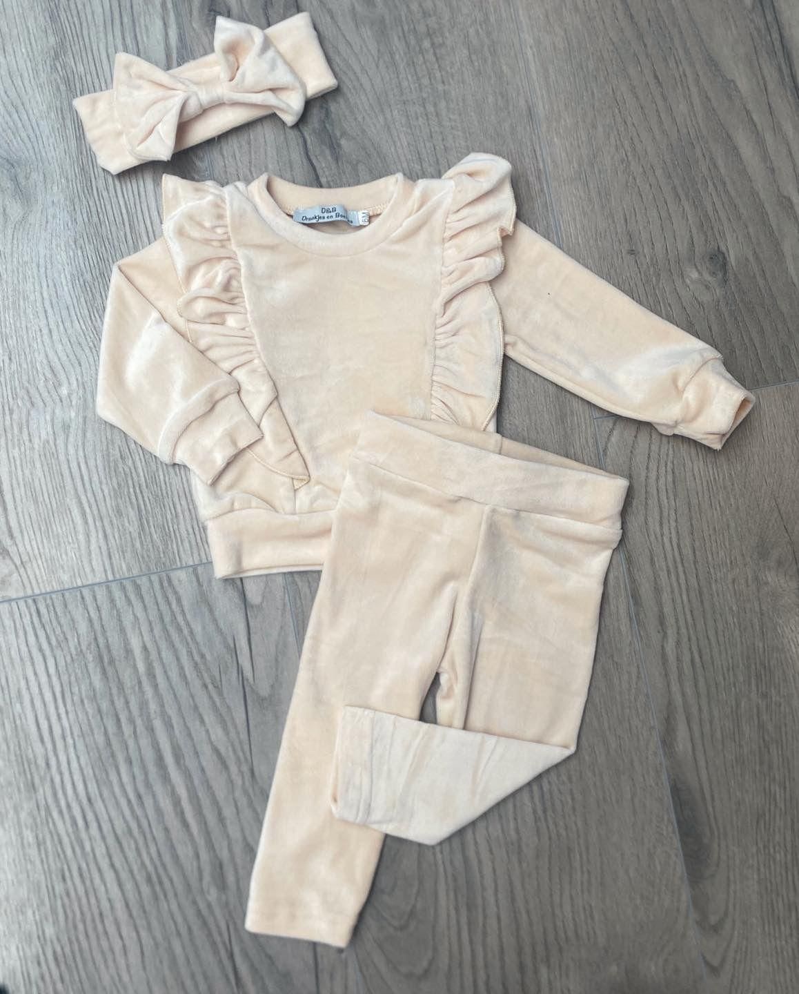 Velvet ruffle set met haarband - Beige