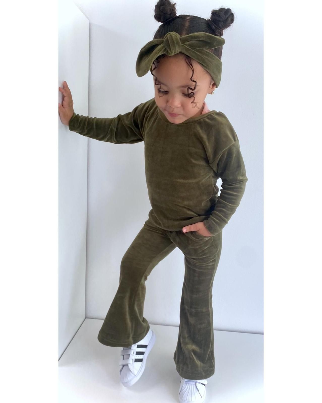 Velvet Flared 2-delige set met haarband - Khaki