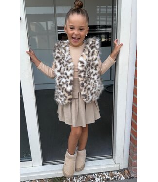 Leopard fluffy Gilet & Skirt Set - Beige