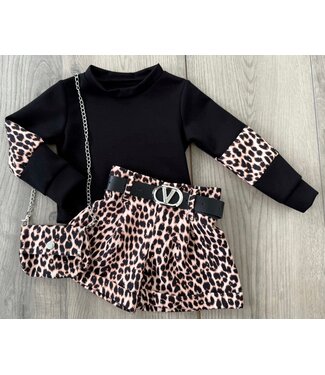 Leopard Printed Sweater & Skort Set (Met Tasje) - Zwart