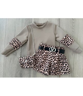 Leopard Printed Sweater & Skort Set (Met Tasje) - Camel