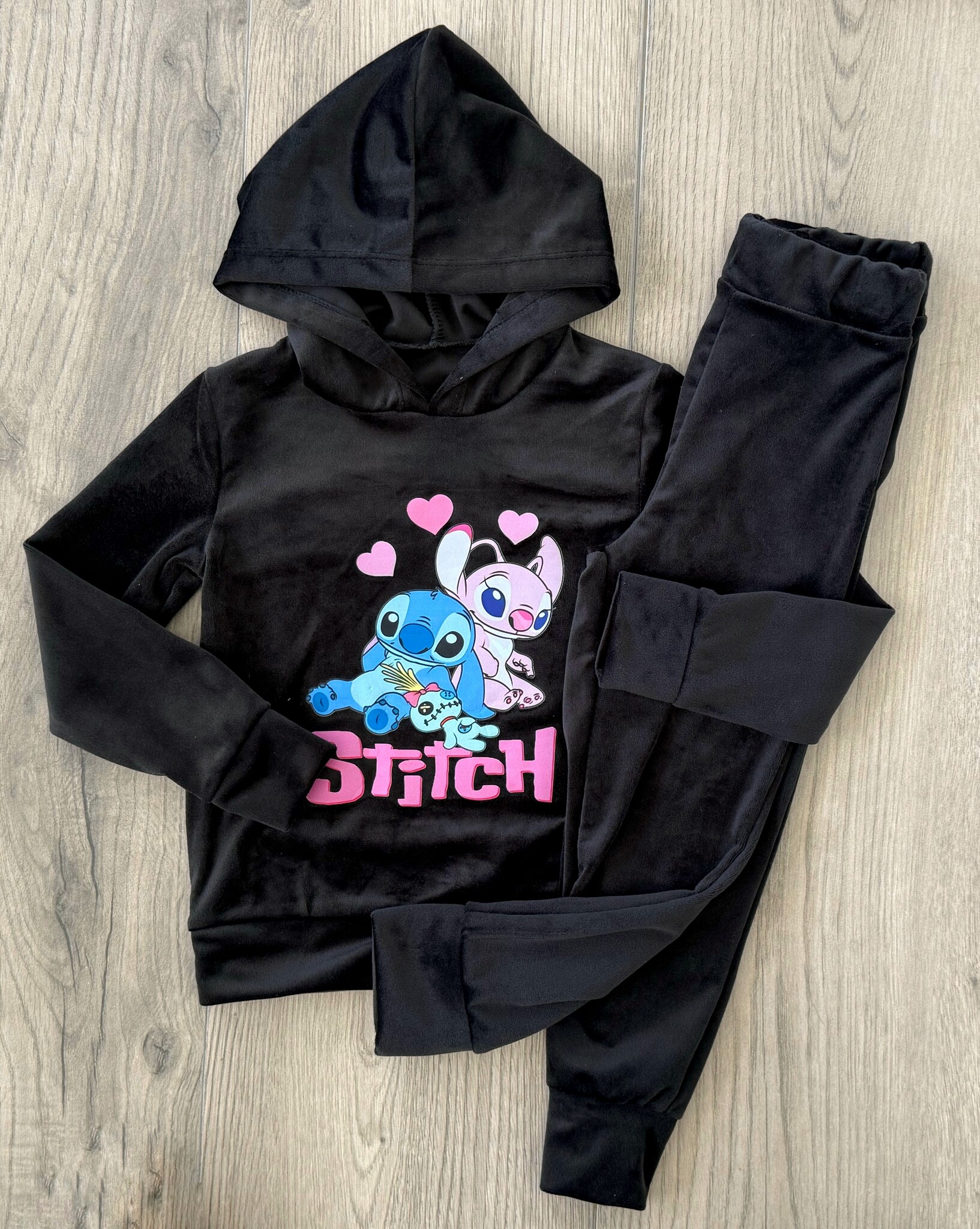 Stitch velvet set - Zwart
