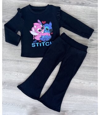 Stitch flared set (Ribstof) - Zwart