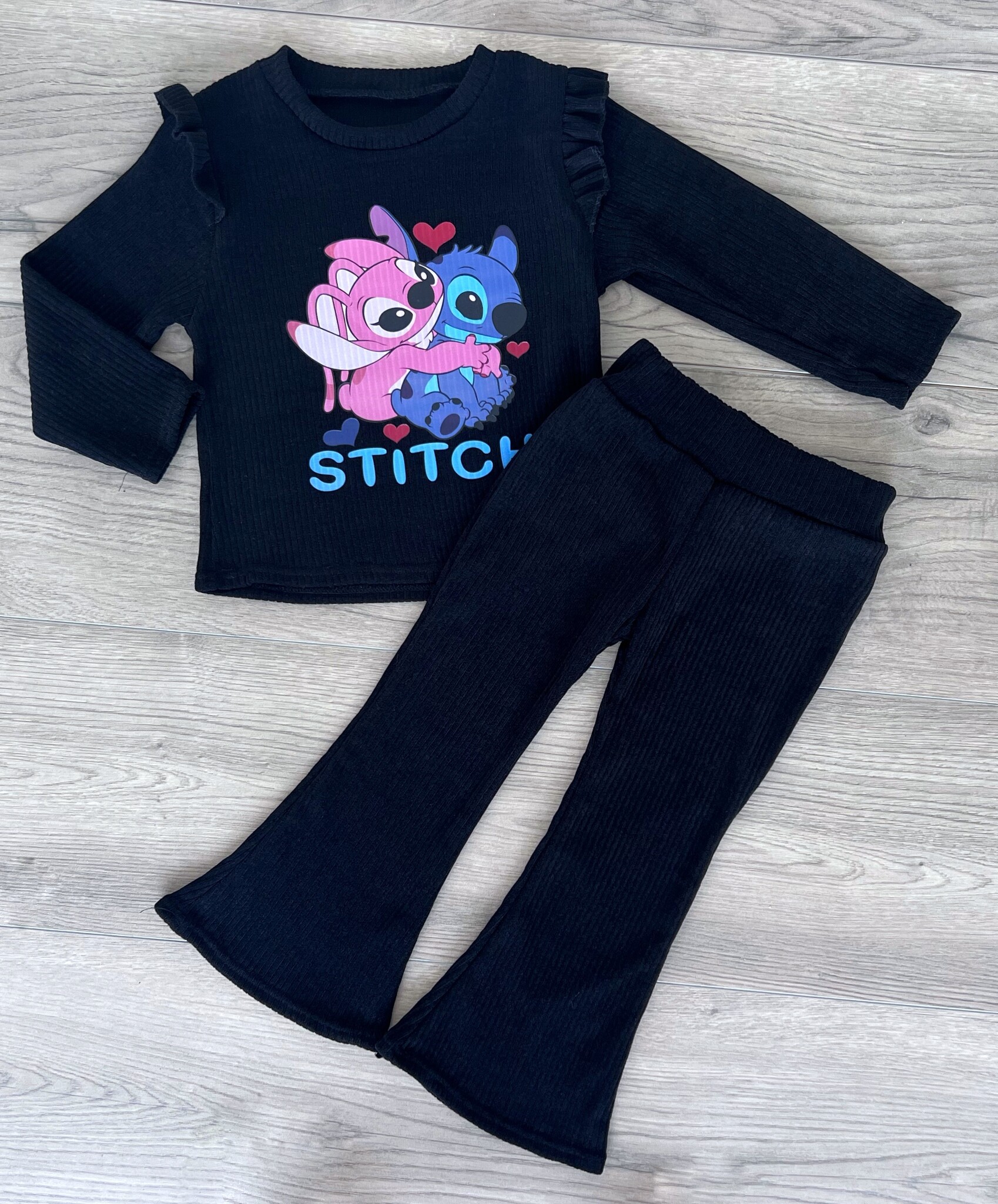 Stitch flared set (Ribstof) - Zwart