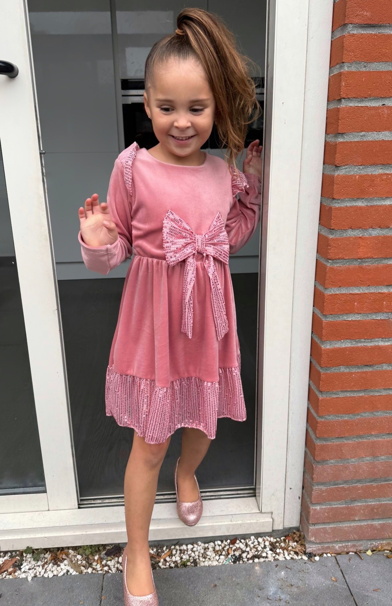 Velvet Jurkje Met Sequins - Roze