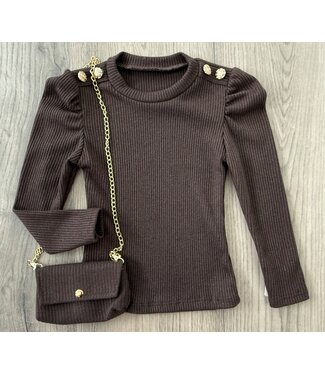 Button sparkle longsleeve met tasje - Marron
