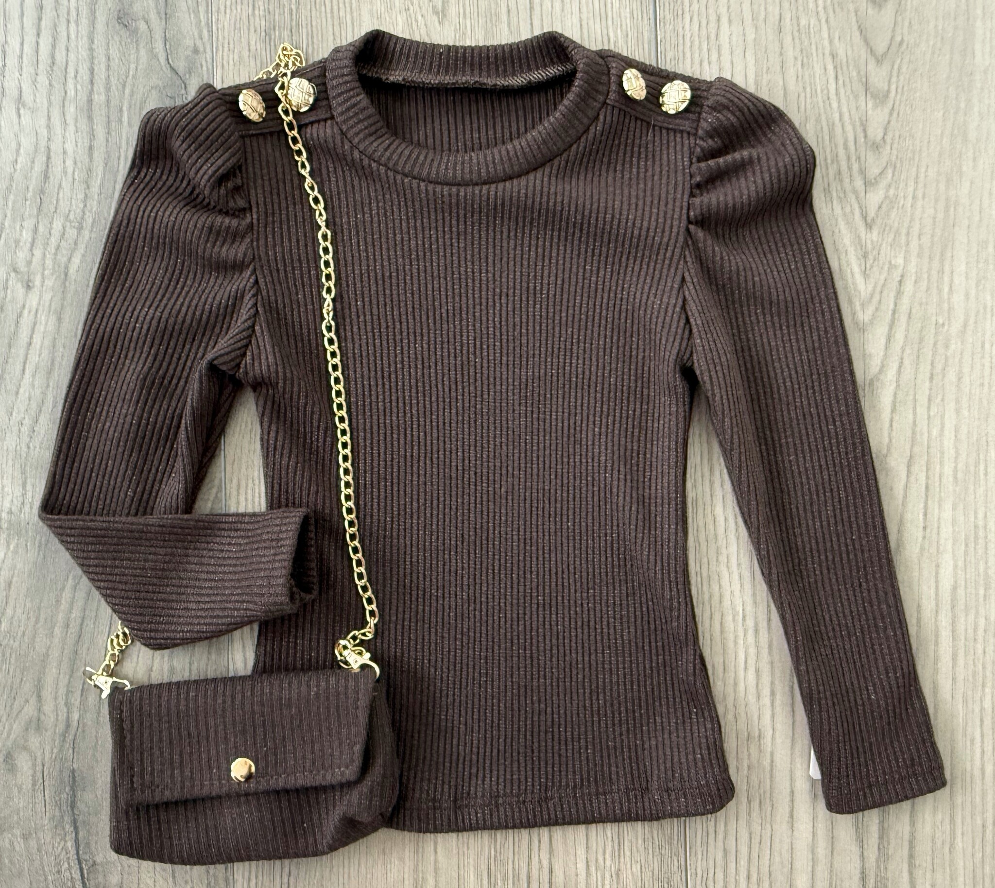 Button sparkle longsleeve met tasje - Marron