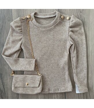 Button sparkle longsleeve met tasje - Beige