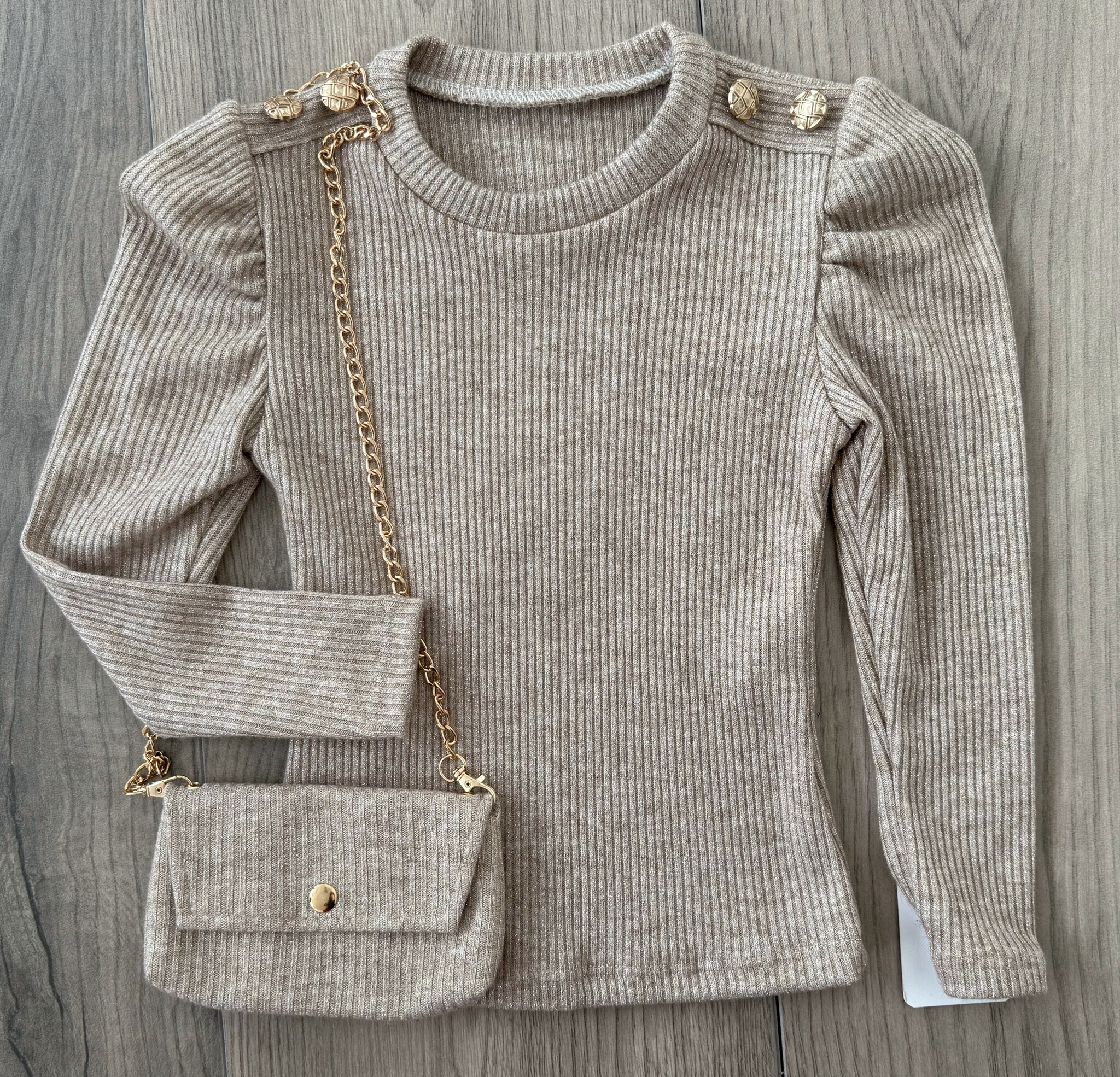 Button sparkle longsleeve met tasje - Beige