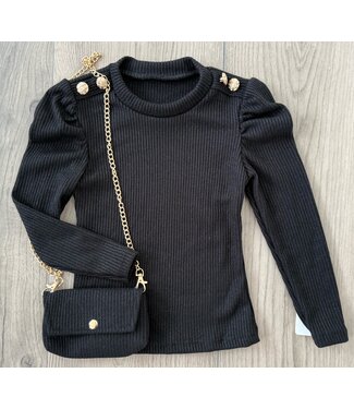 Button sparkle longsleeve met tasje -Zwart