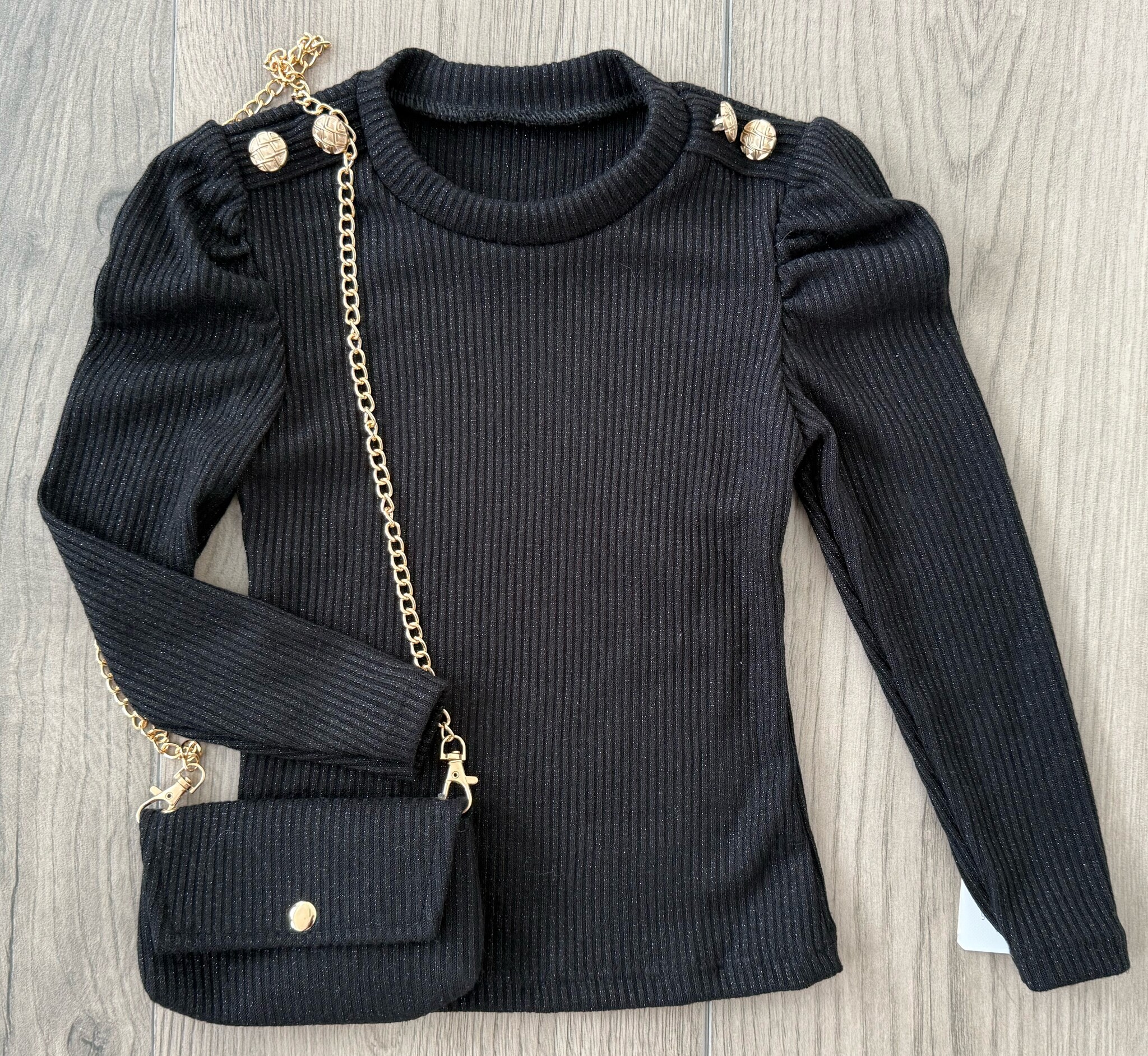 Button sparkle longsleeve met tasje -Zwart