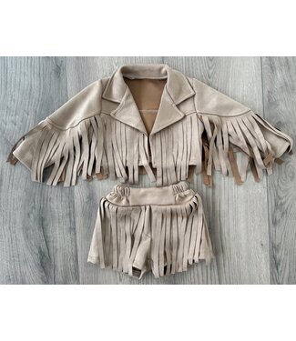 Fringe Suede Blazer Set  - Beige
