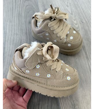 Furry Flower Sneakers -  Beige