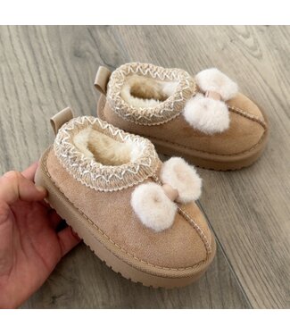 Furry Sliders met strikje - Beige