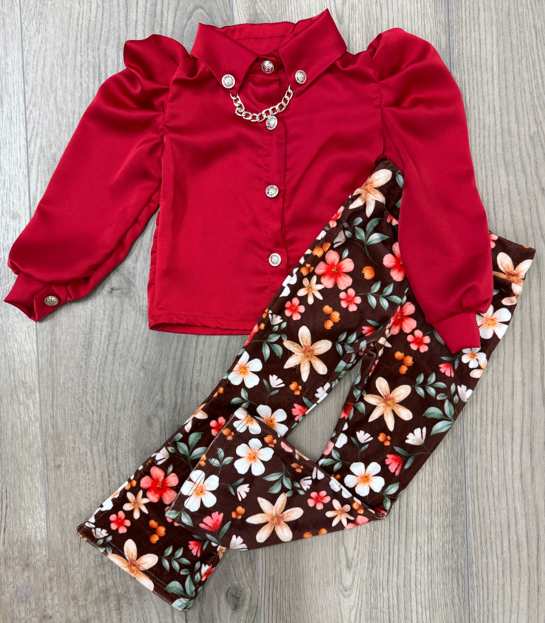 Velvet flared broek Marron met bloemenprint