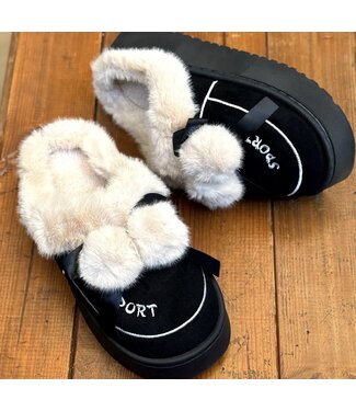 Furry Soft & Pompon Sliders - Zwart
