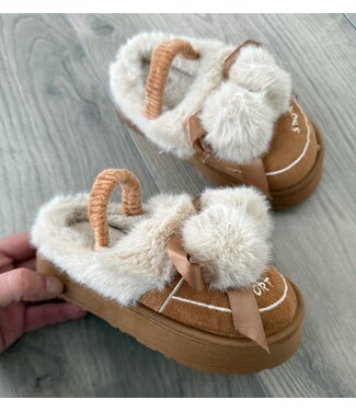 Furry Soft & Pompon Sliders - Camel