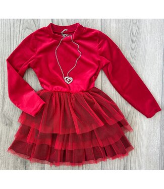 Velvet jurk met tule rok (Mét ketting) - Rood (Verzenddatum 24nov)