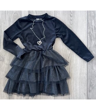 Velvet jurk met tule rok (Mét ketting) - Zwart (Verzenddatum 24nov)