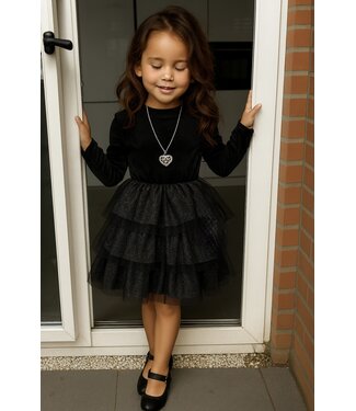 Velvet jurk met tule rok (Mét ketting) - Zwart