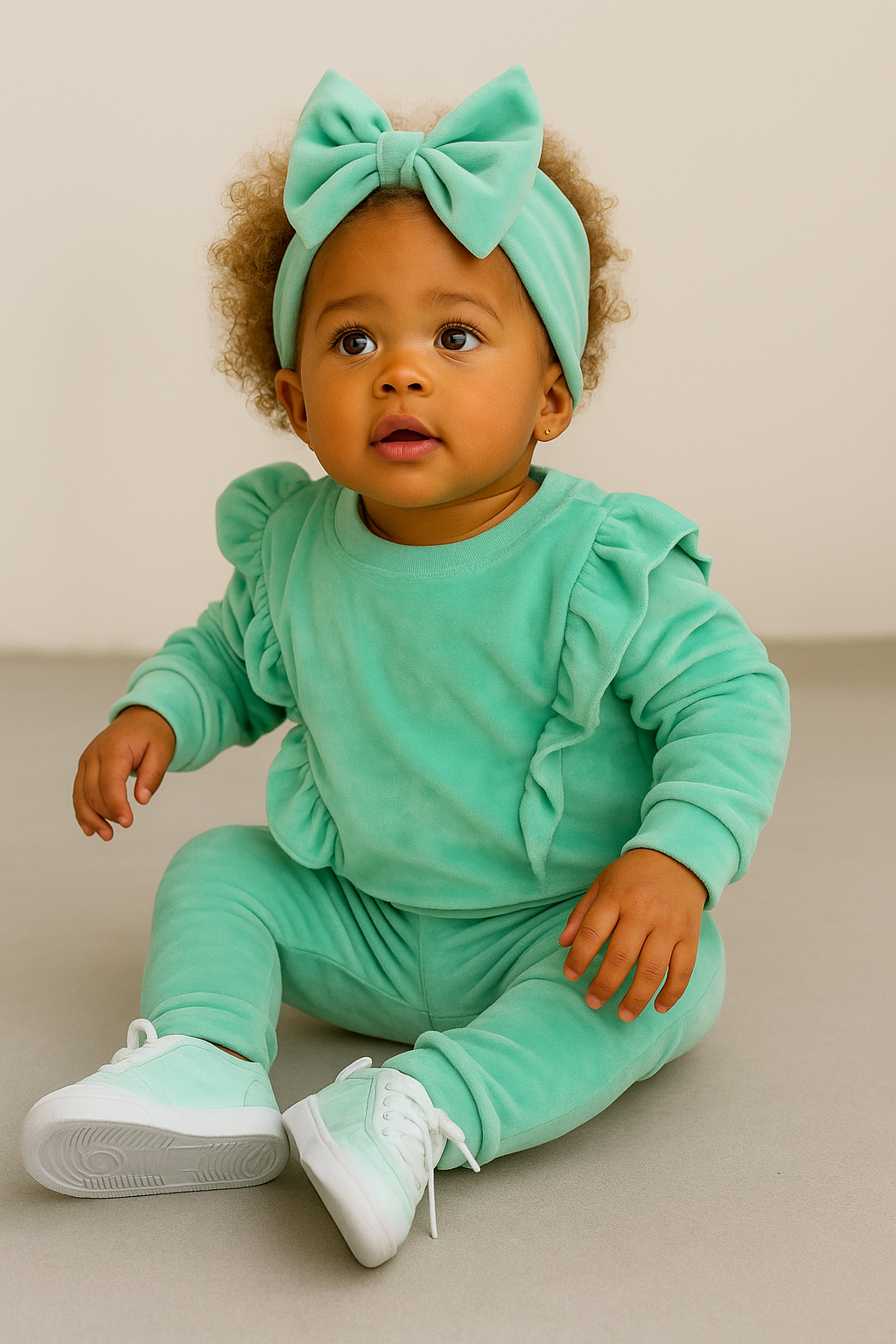 Velvet ruffle set met haarband - Mint