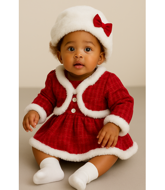 Kerstjurk met jasje & fluffy hoedje met strik - Rood