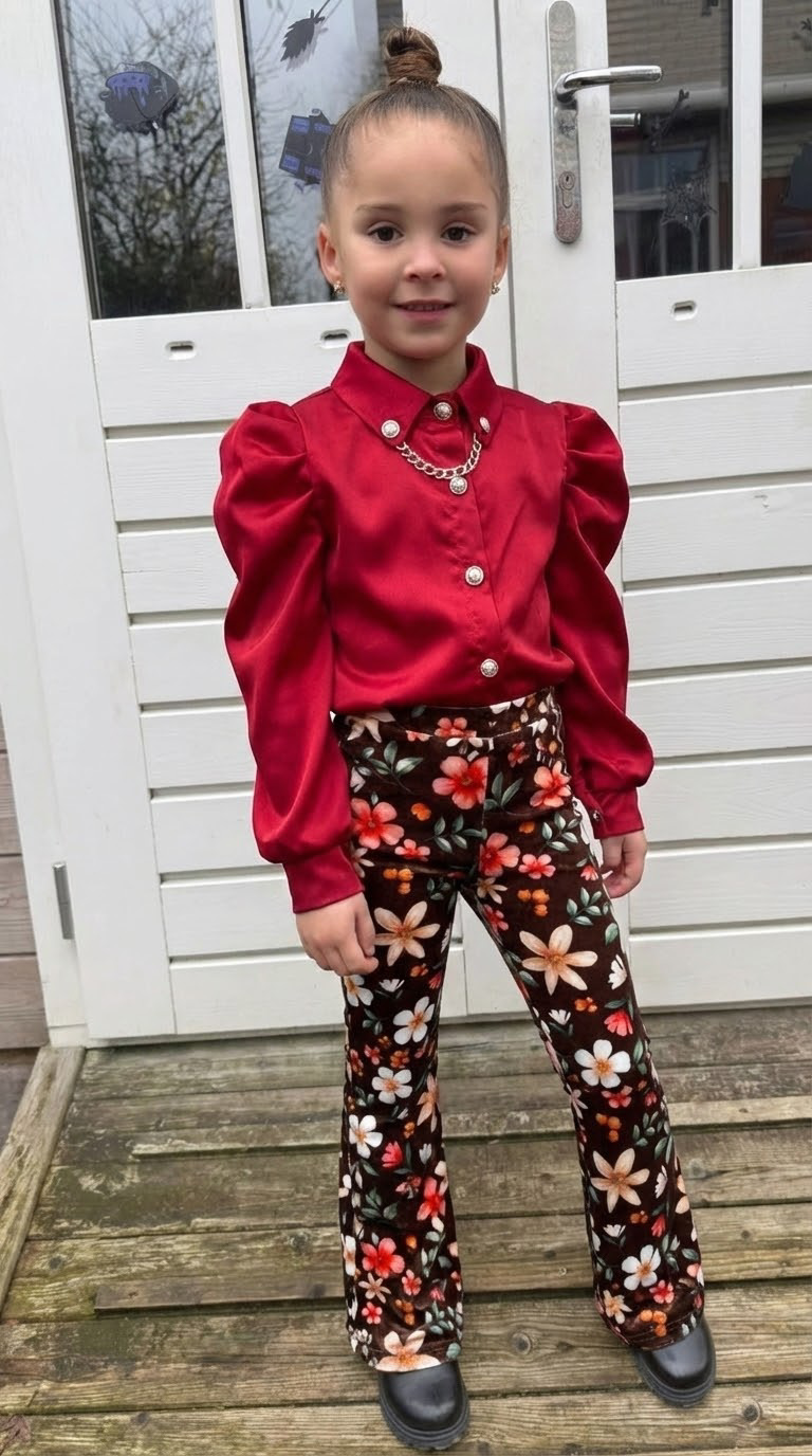 Velvet flared broek Marron met bloemenprint