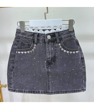 Spijkerrok met sparkles & hartjes - Grijs