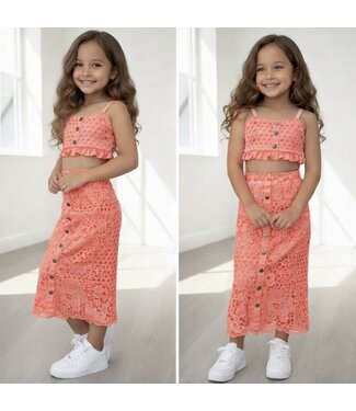 Crochet Long Skirt Set - Coral