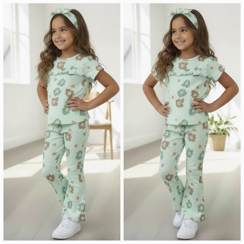 Flared legging bloemenprint & haarband - Light aQua