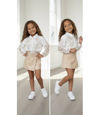 Blouse & Skort Set - Beige/Wit