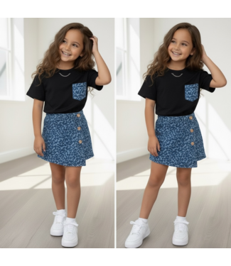 Denim Leopard skort Set - Zwart  (Verzenddatum 12 feb)
