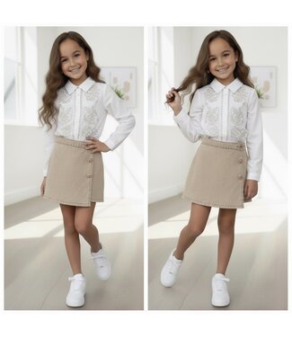 Blouse & button Skirt Set - Beige/Wit