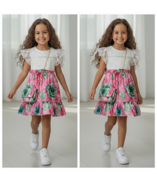 Bloemen & vlinder jurk met tasje  - Wit/Fuschia