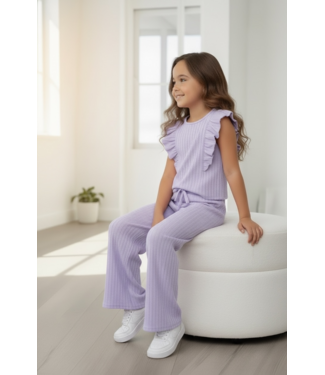 Lila Rib Lounge Set met Ruffle Mouwtjes