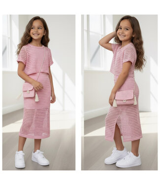 Crochet Top & Midi Rok Set (Met Tasje) - Roze
