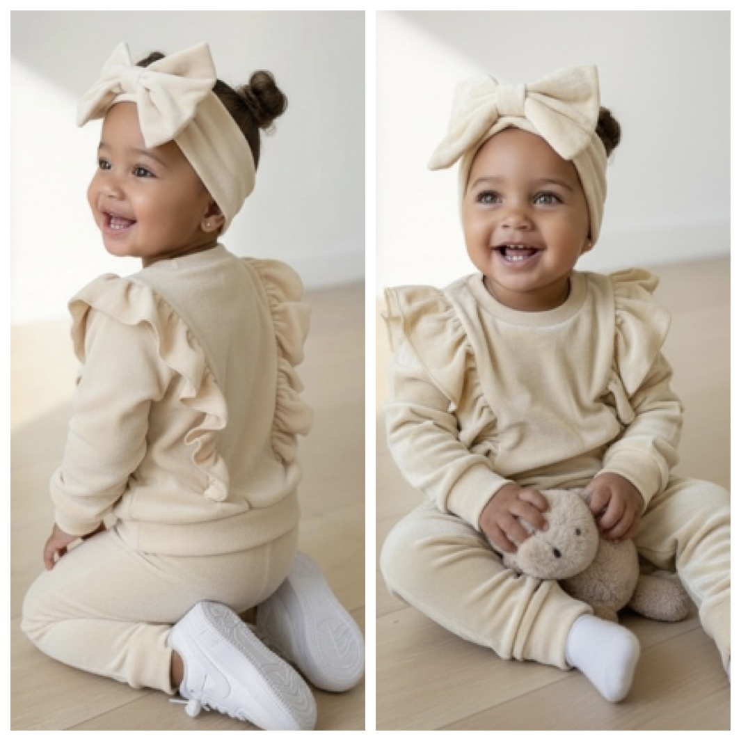Velvet ruffle set met haarband - Beige