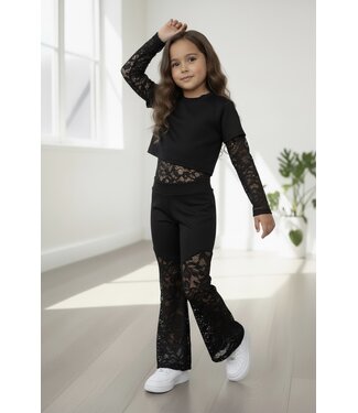 Lace Body T-Shirt & Lace Flared Set - Zwart