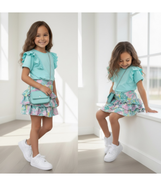 Rozen Rokje & Ruffle T-Shirt met tasje  - Turqouise