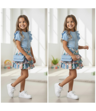 Rozen Rokje & Ruffle T-Shirt met tasje  - Licht Blauw